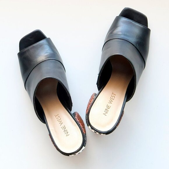 Nine West Janel Black Leather Square Toe Woven Block Heel Mules / Slip On Shoes - Picture 15 of 16